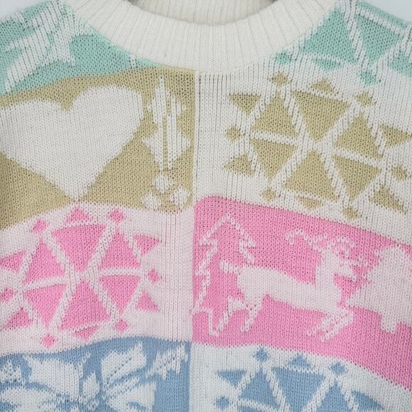 Vintage 80's 90’s Pastel Winter Sweater Chunky Knit Ugly Christmas Crew Neck - Picture 4 of 11